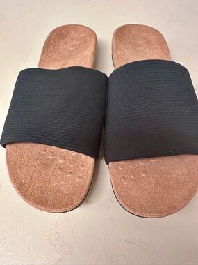 Vionic Black Slide Sandals with Brown Footbed